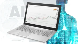 Laptop mit Trading-Software und AI-Technologie-Grafik, zeigt Handelsdashboard und Datenanalyse