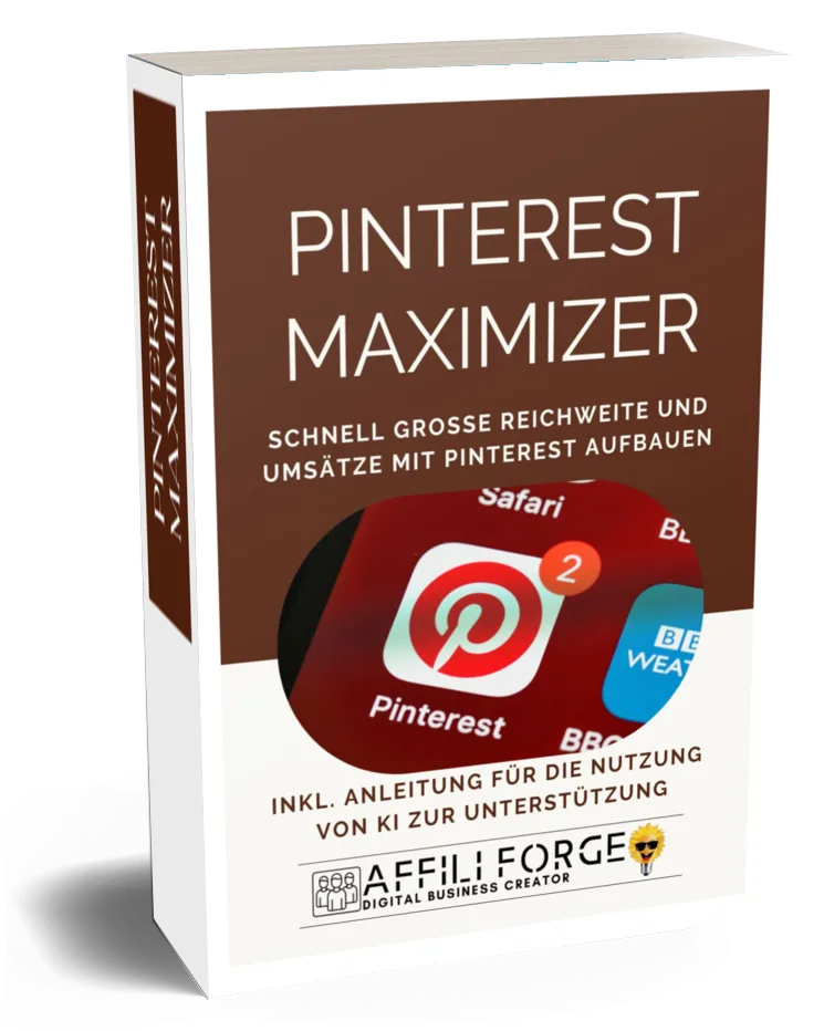Pinterest Maximizer – E-Book zum Social-Media-Marketing 1 Pinterest Maximizer E-Book Cover mit braunem Hintergrund und Pinterest-Symbol