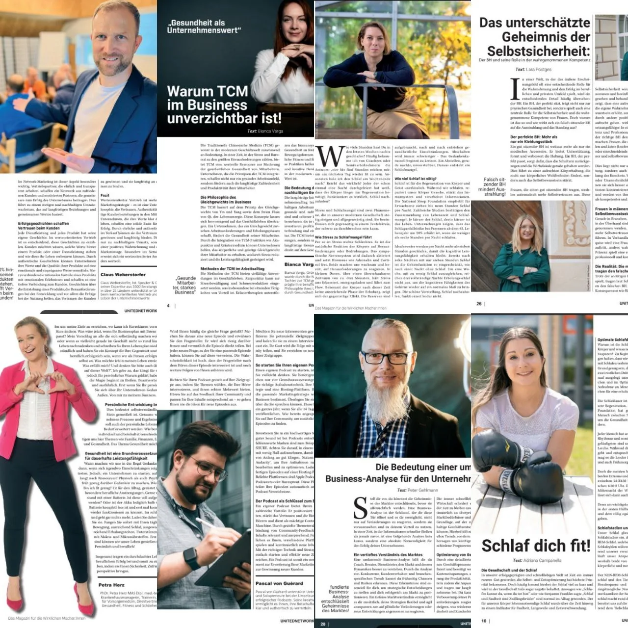 Magazin-Collage mit mehreren Porträts und Artikeltexten aus UnitedNetworker