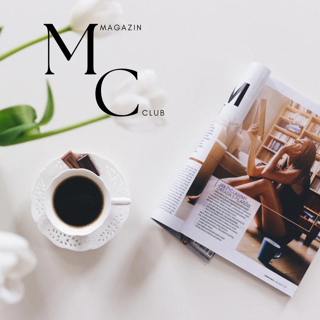 Magazin Club Logo mit Kaffeetasse und Zeitschrift auf weißem Hintergrund