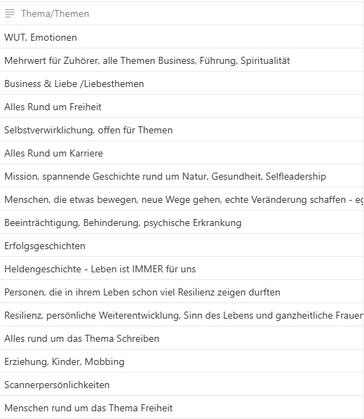 Liste mit Podcast-Themen wie WUT und Emotionen, Business & Liebe, Karriere