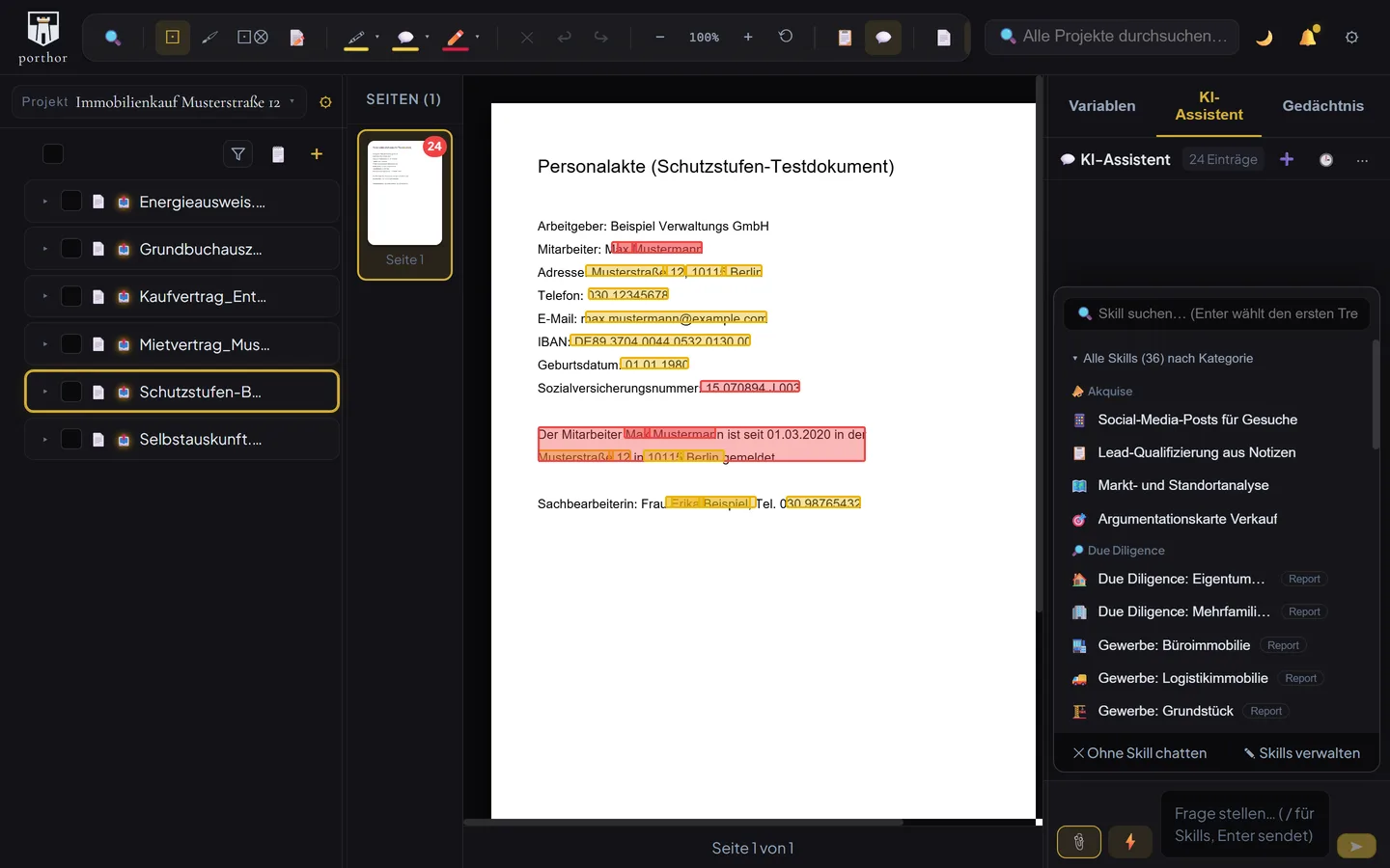 porthor Pro – Software zur Dokumentschwärzung von Stefan Holhut 6 porthor KI-Assistent Skill-Picker mit kategorisierten Funktionen dunkles Theme