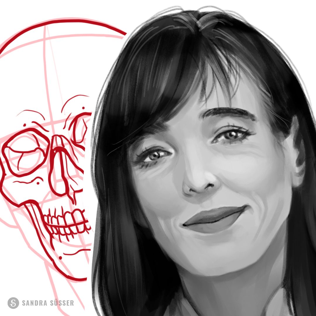 Digitale Porträts zeichnen Masterclass von Sandra Süsser 13 Digitales Portrait Zeichnung: Frauengesicht mit Anatomie-Skizze und Gesichtsmuskeln in Rot
