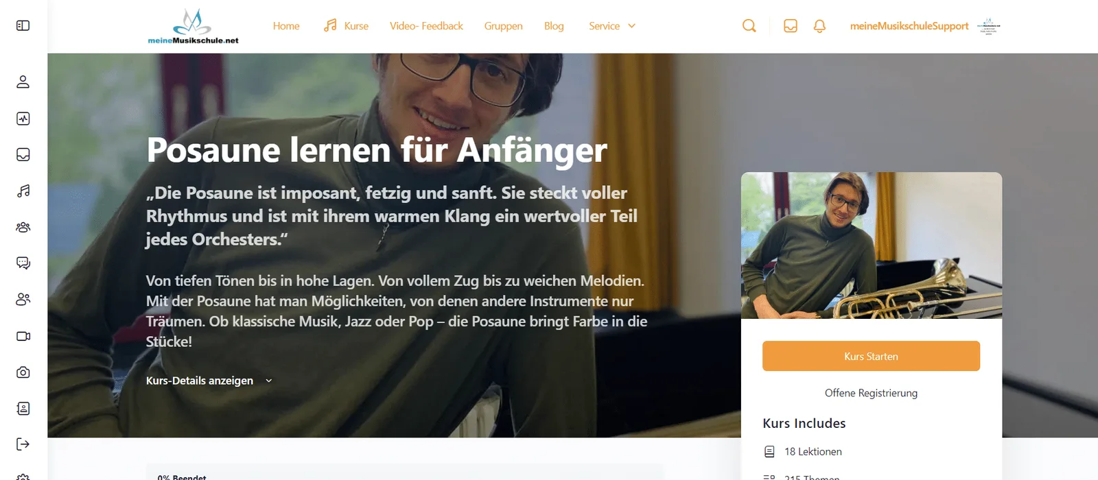 Screenshot Kursübersicht Posaune lernen für Anfänger mit Videoinhalte und Lektionsstruktur