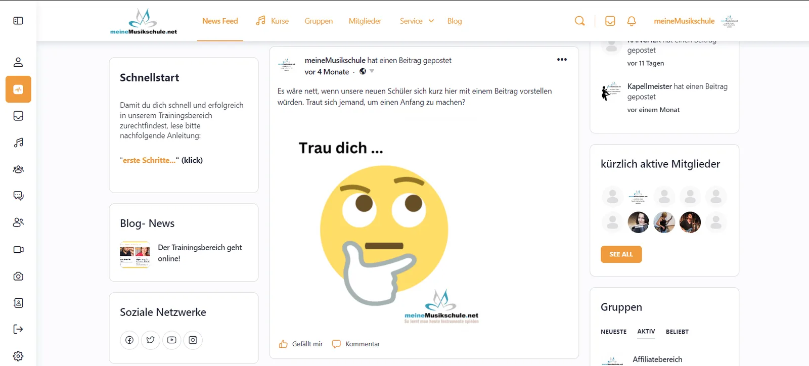 Screenshot meineMusikschule.net News-Feed mit Community-Features und aktiven Mitgliedern