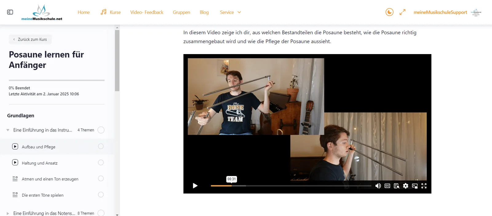 Screenshot Videokurs Posaune Anfänger mit Kursstruktur und Video-Player
