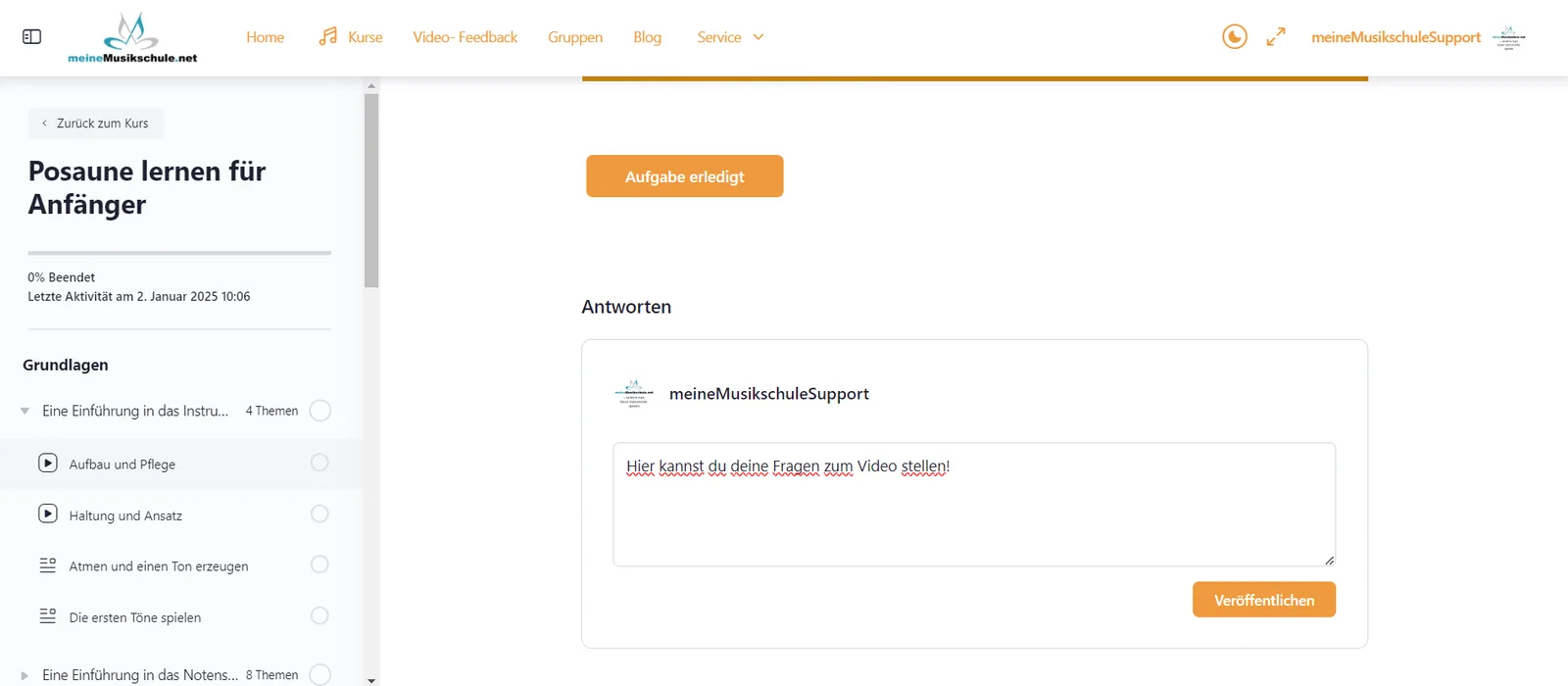 Screenshot Video-Feedback Bereich mit Antworttextfeld für Kursteilnehmer