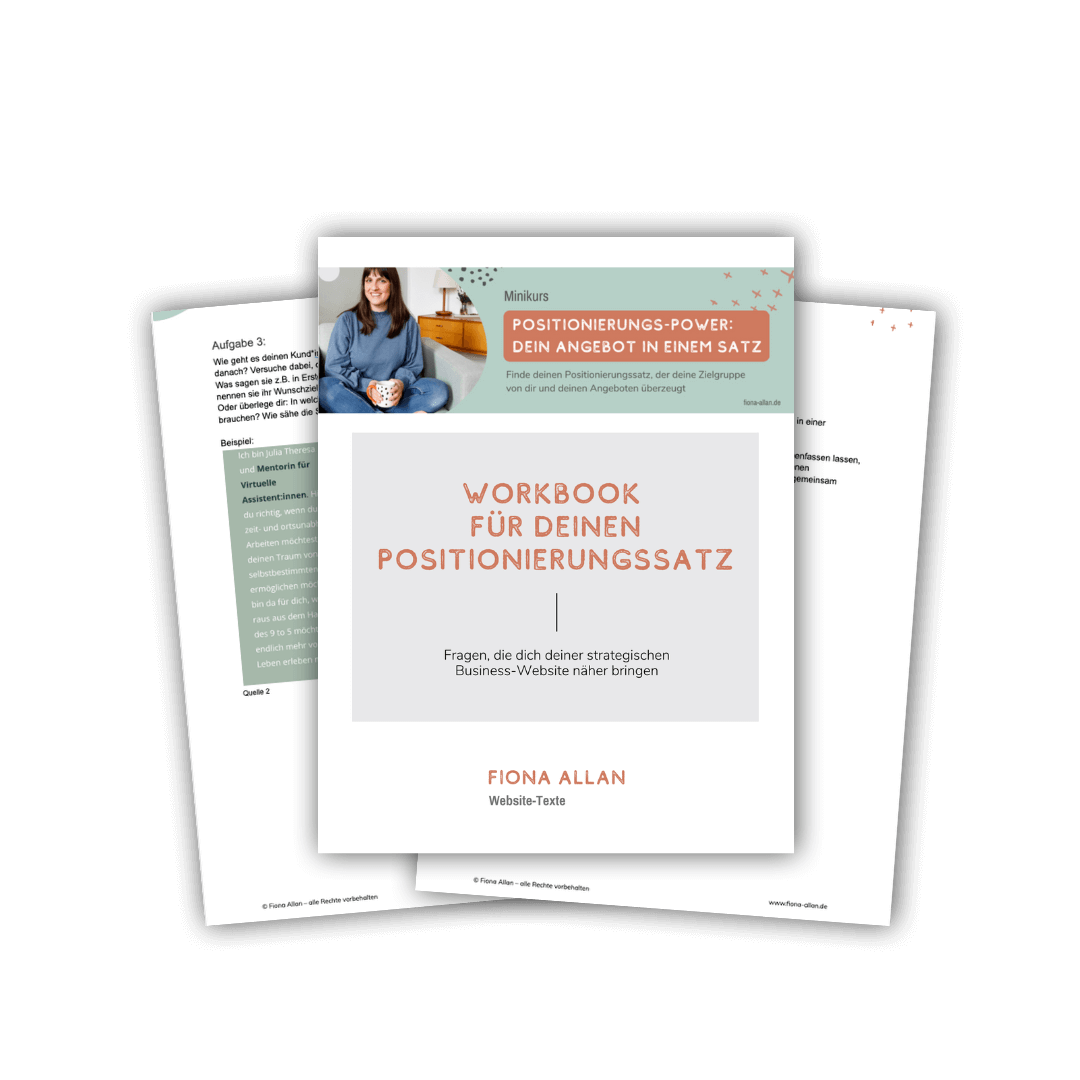 Workbook-Seiten Positionierungs-Satz Minikurs mit Fiona Allan und Dankeseite