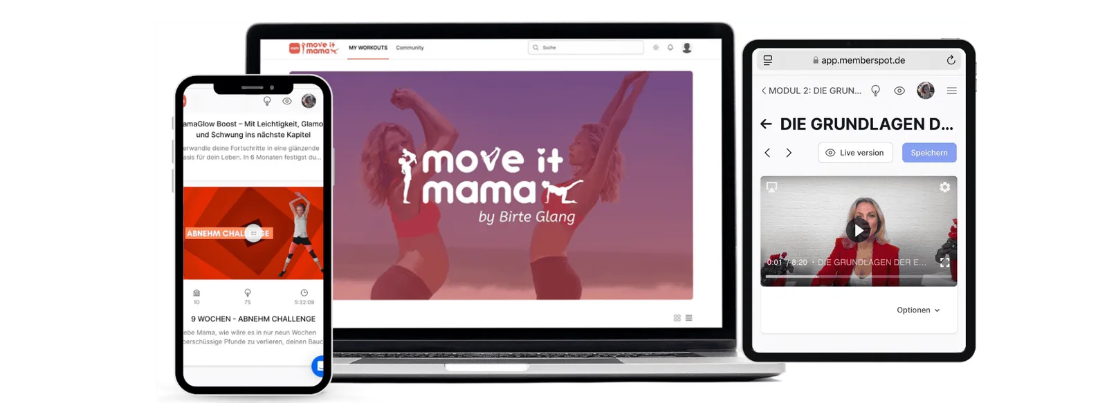 Mockup zeigt Move it Mama App auf Smartphone, Tablet und Laptop mit Videoinhalten und Benutzeroberfläche