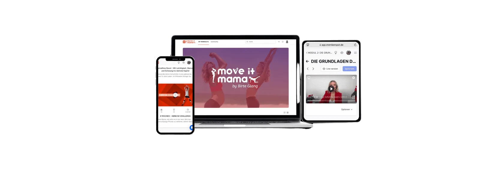 Mockup zeigt Move it Mama Platform auf Smartphone, Laptop und Tablet mit Logo und App-Inhalten