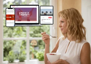 Power Bundle Produktpräsentation auf Smartphone, Tablet und Laptop mit Move it Mama App und Kursinhalten