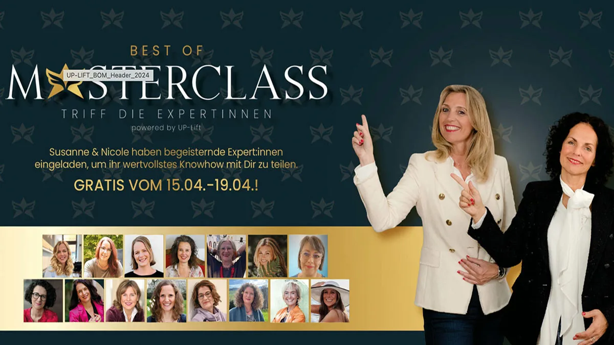 Hero-Banner Best of Masterclass mit zwei Expertinnen und Ankündigung kostenloser Masterclasses vom 15.04.-19.04.