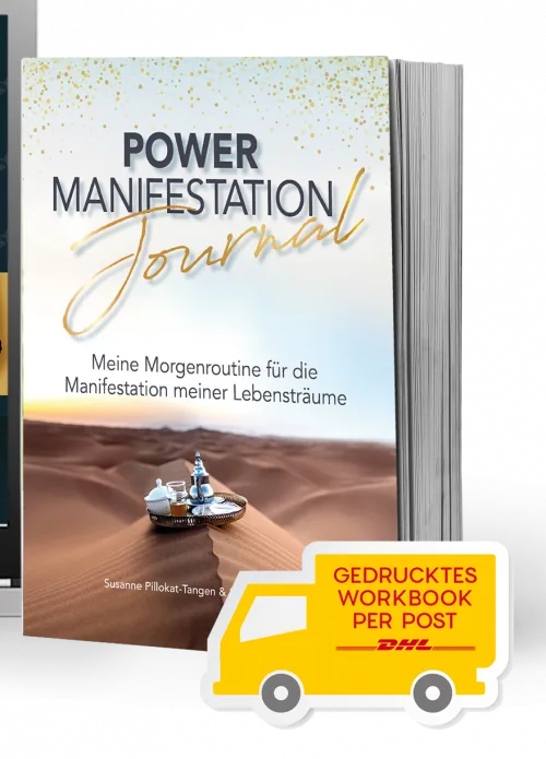 Power Manifestation Journal Workbook-Cover mit Wüstenszene und gedrucktem Workbook-Symbol mit DHL-Versand