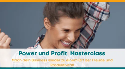 Power und Profit Masterclass Banner mit lächelnder Frau im karierten Hemd