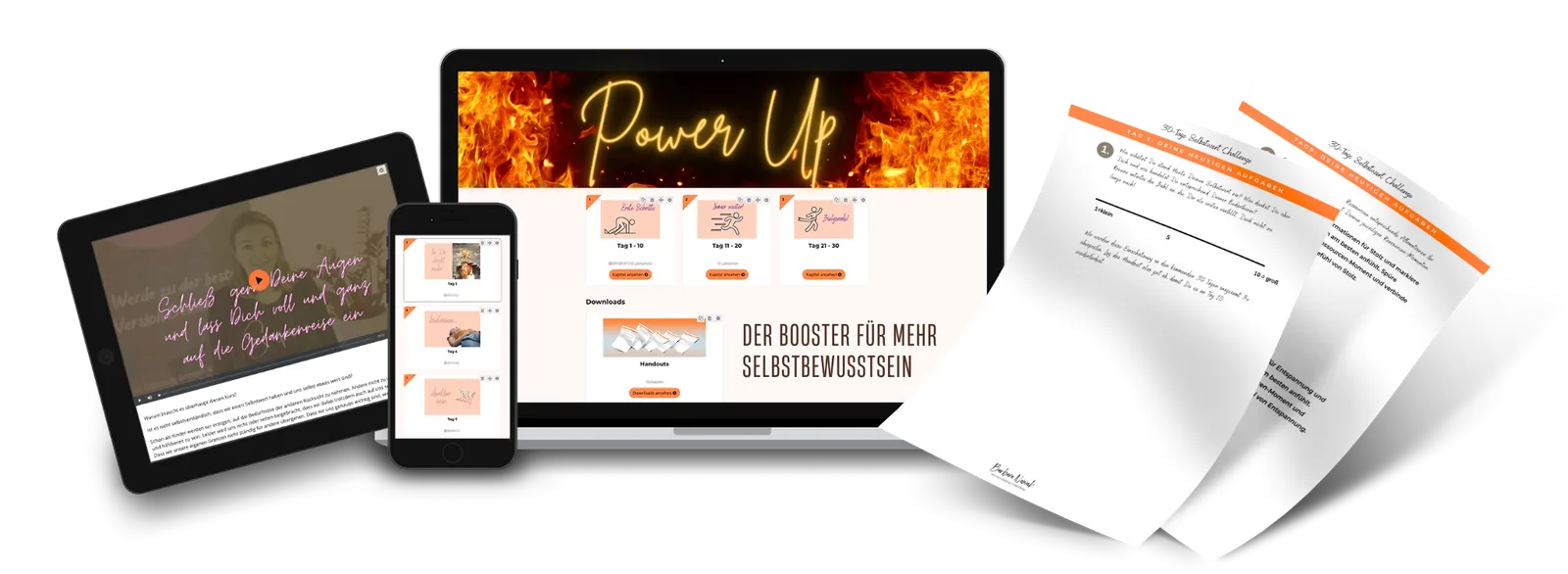 Kurs-Mockup Power Up Booster auf Tablet Smartphone und Desktop mit Workbooks