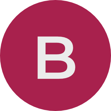 Rundes Logo mit weißem Buchstabe B auf bordeaux-rotem Hintergrund