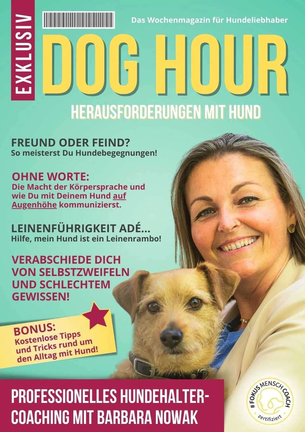 DogHour Wochenmagazin Titelbild mit Frau und Hund, Herausforderungen mit Hund