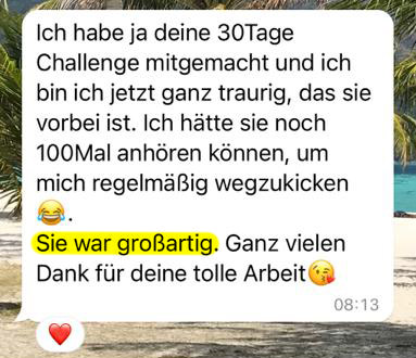 Kundenstimme WhatsApp-Nachricht: 30-Tage Challenge Feedback mit Dankestext