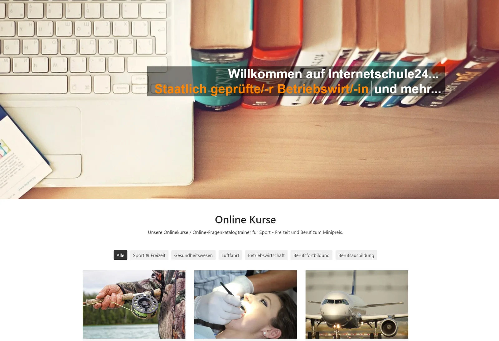 PPL-H Hubschrauber Theoriekurs 3 Internetschule24 Online-Kurse Startseite mit Tastatur, Büchern und Kategorien