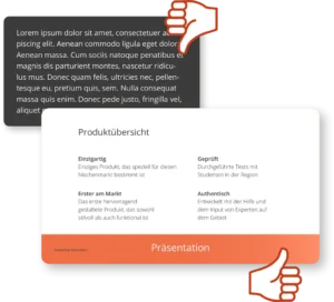 Produktübersicht mit Ablehnung-Geste und Merkmalen wie Einzigartigkeit, Geprüft, Erster am Markt und Authentisch