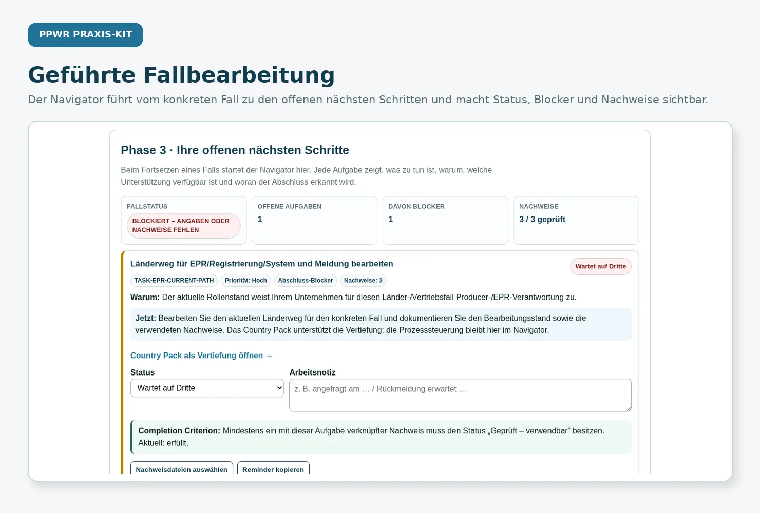 PPWR Verpackungs-Compliance Praxis-Kit von Sonja Kunkel-Zhao 3 Screenshot geführte Fallbearbeitung im Navigator mit offenen nächsten Schritten und Status