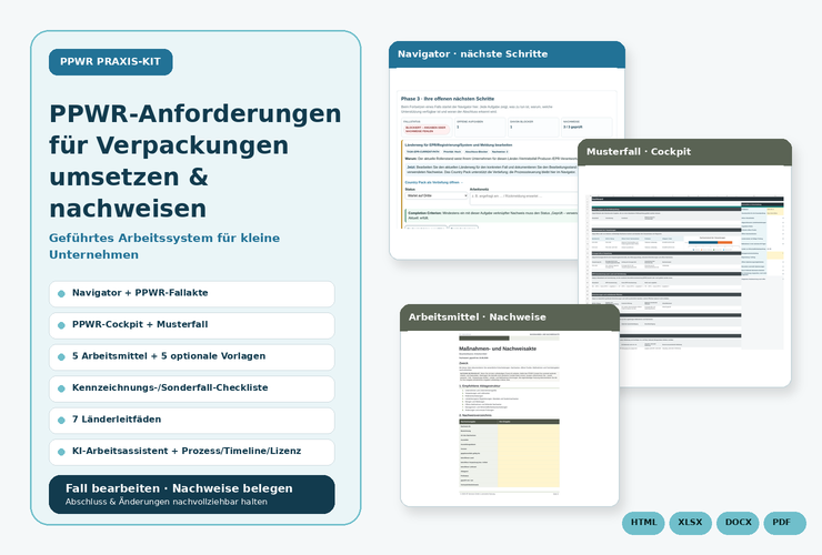 PPWR Verpackungs-Compliance Praxis-Kit von Sonja Kunkel-Zhao 4 Übersicht PPWR-Anforderungen für Verpackungen umsetzen und nachweisen mit Navigator, Cockpit und Arbeitsmitteln