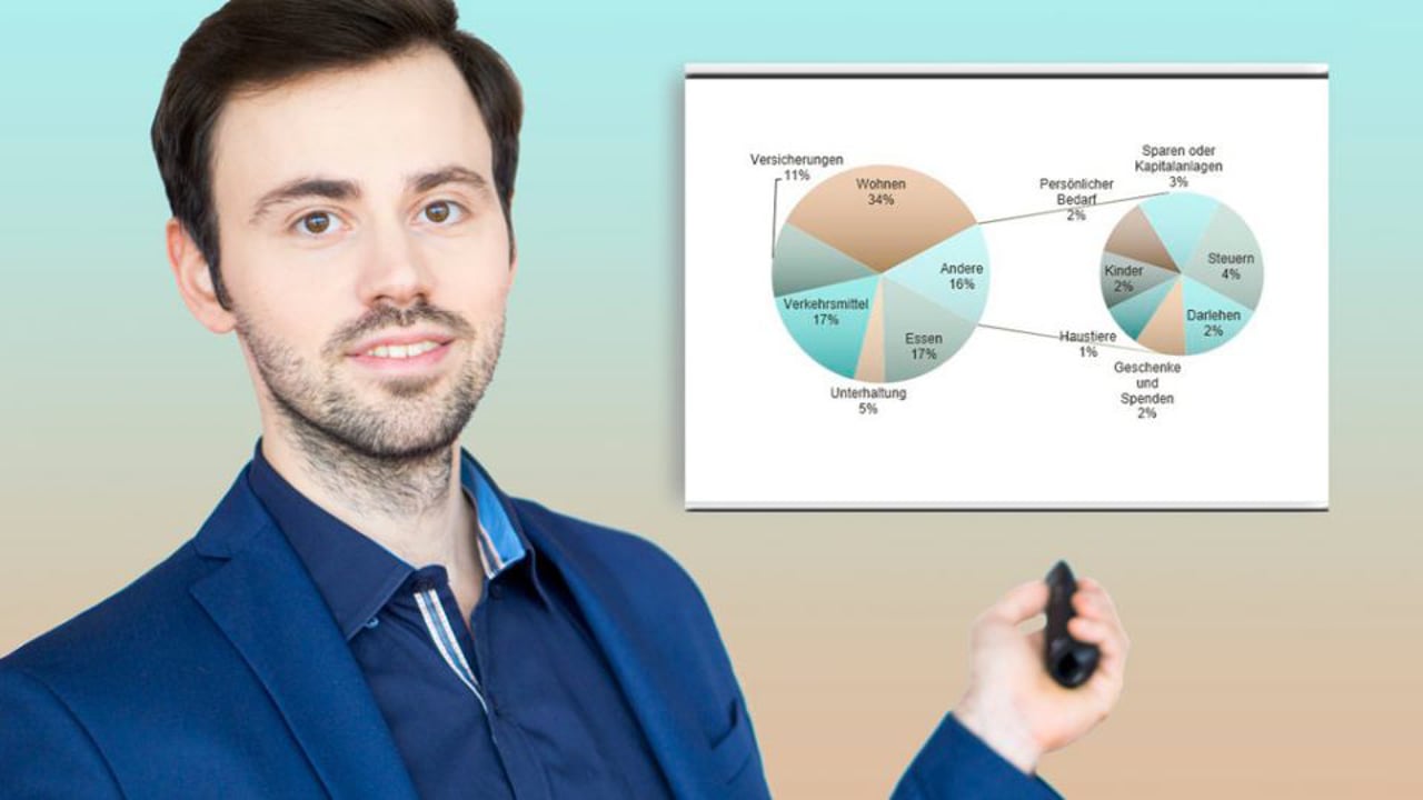 Mann in dunklem Hemd präsentiert Kreisdiagramm mit statistischen Daten