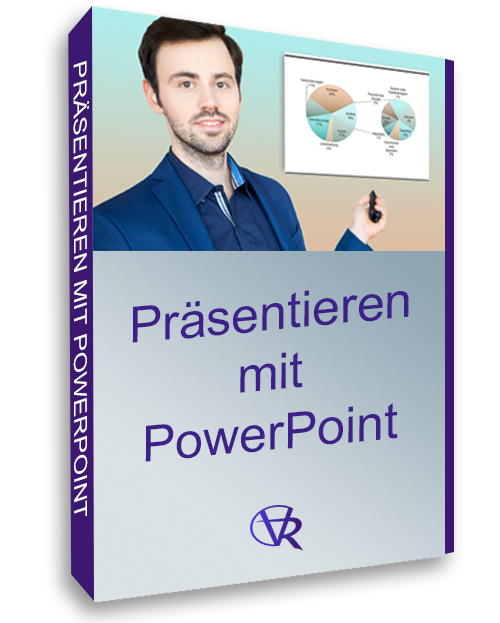 Produktcover Präsentieren mit PowerPoint von Wlad Jachtchenko mit Mann in blauem Hemd vor Präsentationsfläche