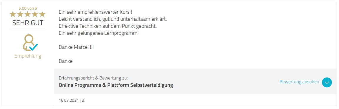 Kundenbewertung 5 von 5 Sternen für Online Selbstverteidigungskurs