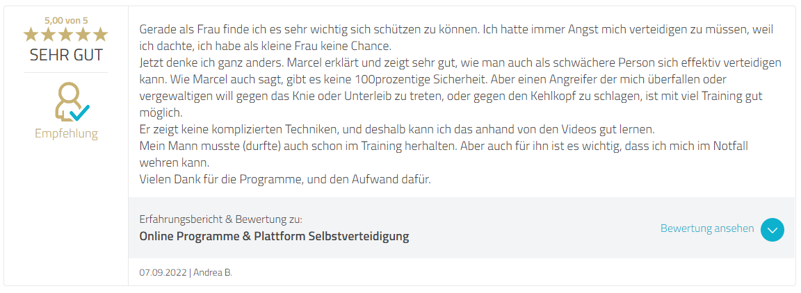 Ausführliche 5-Sterne-Bewertung über Selbstverteidigungsprogramm für Frauen und Sicherheit