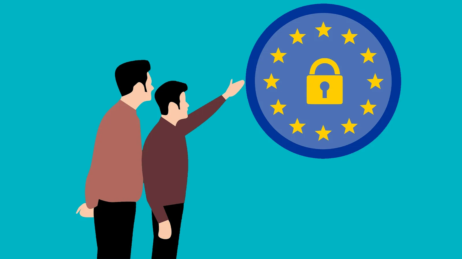 Zwei Personen zeigen auf Datenschutz-Symbol mit Schloss und EU-Sternen auf blauem Hintergrund
