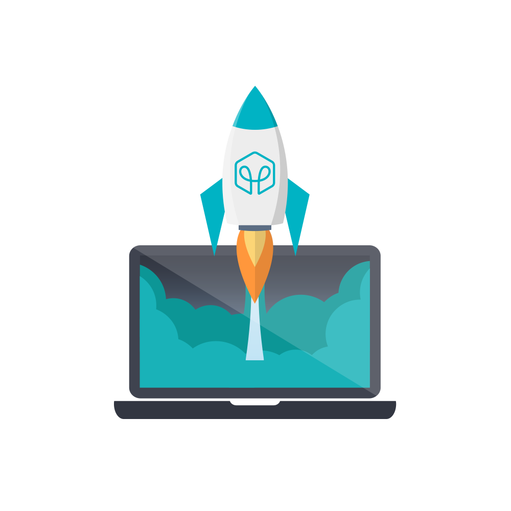 Rakete mit Intelli Revolution Logo startet von Laptop-Bildschirm ab symbolisiert Geschäftsbeschleunigung