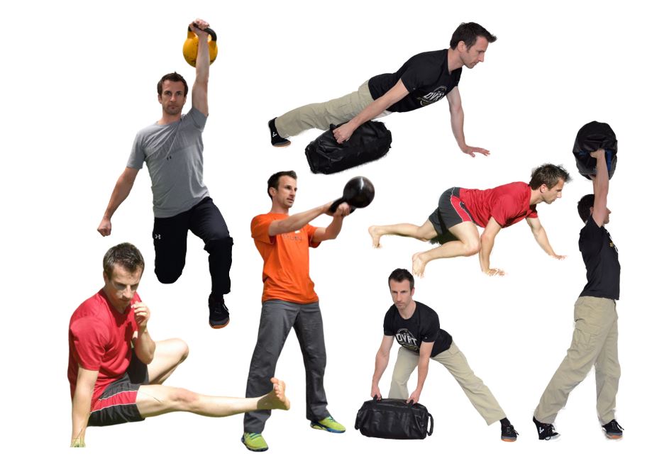Collage mit 9 Männern demonstriert verschiedene Fitness- und Trainingsübungen wie Medizinball, Kettlebell, Planks und Burpees