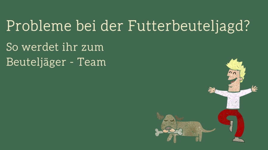 Hero-Banner zum Kurs Futterbeuteljagd mit Illustration eines Mannes und eines Hundes mit Knochen