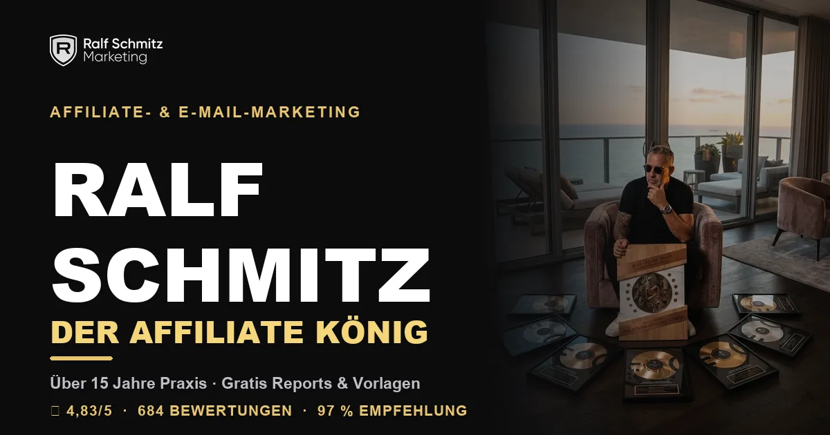 Hero-Banner mit Ralf Schmitz als Der Affiliate König, Affiliate- & E-Mail-Marketing, Testimonial 4,83/5 und 97% Empfehlung