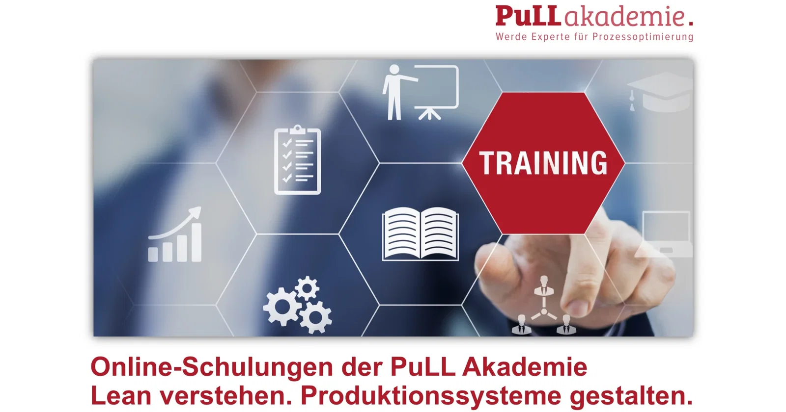 Produktion – Lean-Videokurs für Lean & Prozessoptimierung 3 Bannergrafik mit PuLL Akademie Logo, Trainings-Icons und rotem Hexagon "TRAINING", Hand tippt darauf