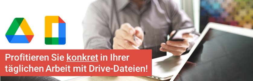 Webinar-Banner mit Google Drive- und Docs-Logos, Person mit Tablet, Headline zur produktiven Zusammenarbeit mit Drive-Dateien