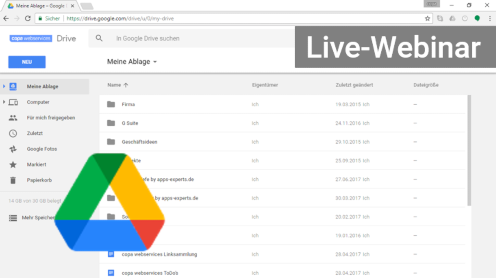 Screenshot von Google Drive Oberfläche mit Ordnerstruktur und Live-Webinar-Label in grauem Kasten