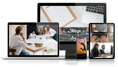 Mockup Produktivitätsbooster Online-Kurs auf Desktop, Tablet, Smartphone