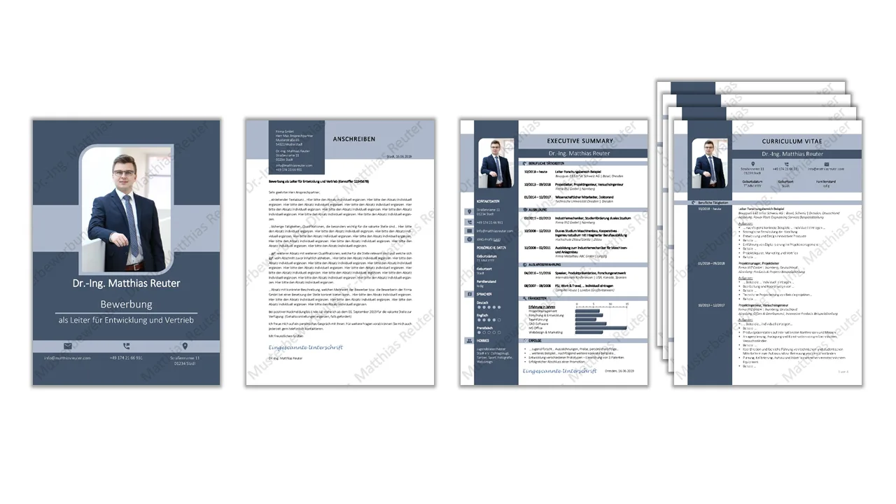 Komplette Vorschau aller Seiten der Bewerbungsvorlage mit Deckblatt, Anschreiben, Executive Summary und Curriculum Vitae
