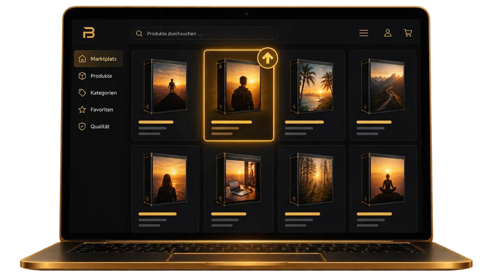 Laptop zeigt Marketplace mit Produktübersicht, eines der Produkte ist mit goldenem Rahmen hervorgehoben