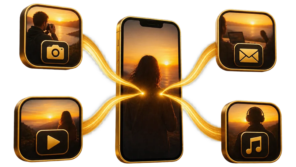 Smartphone in der Mitte mit goldenen Verbindungslinien zu vier Icons für Kamera, E-Mail, Video und Musik