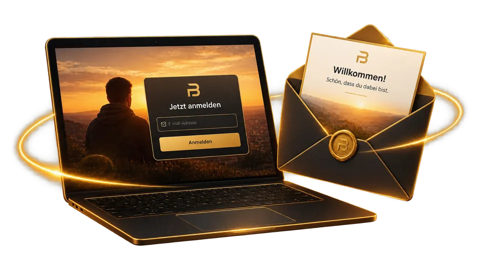 Laptop mit Anmeldeformular und goldener Briefumschlag mit Willkommens-E-Mail