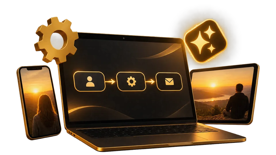 Laptop und Smartphone zeigen Automation-Workflow mit User-, Zahnrad- und Mail-Icons, umgeben von Symbolen für Automation und
