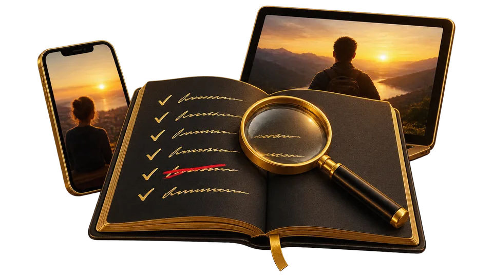 Aufgeschlagenes schwarzes Notizbuch mit goldenen Häkchen und durchgestrichener roter Markierung, umgeben von Smartphone und T
