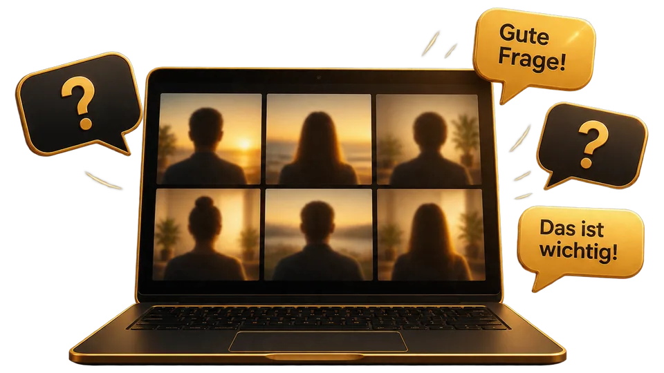Laptop zeigt Video-Call-Raster mit sechs Teilnehmenden und Sprechblasen mit Fragen und Antworten auf Deutsch