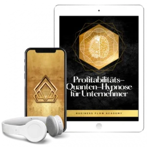 Hero-Mockup Profitabilitäts-Quanten-Hypnose für Unternehmer mit iPhone, Tablet und Kopfhörern