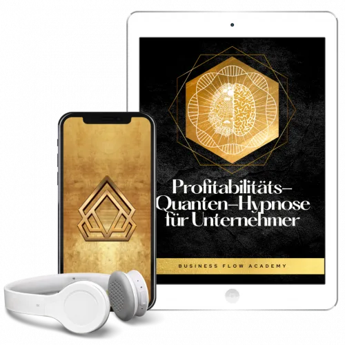 Hero-Mockup Profitabilitäts-Quanten-Hypnose für Unternehmer mit iPhone, Tablet und Kopfhörern