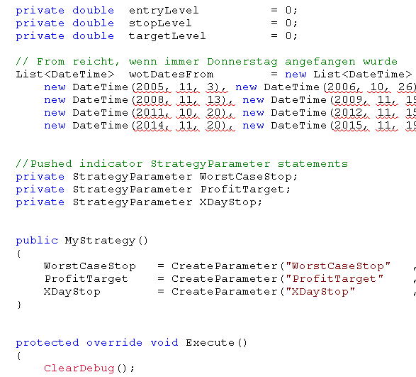 C#-Code-Screenshot mit Variablendefinitionen, DateTime-Objekten und StrategyParameter-Statements