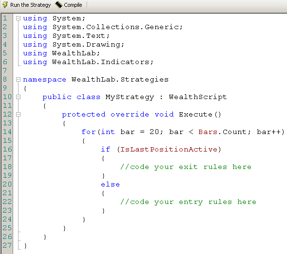 C#-Code-Screenshot einer MyStrategy-Klasse mit Execute-Methode und Balken-Schleife